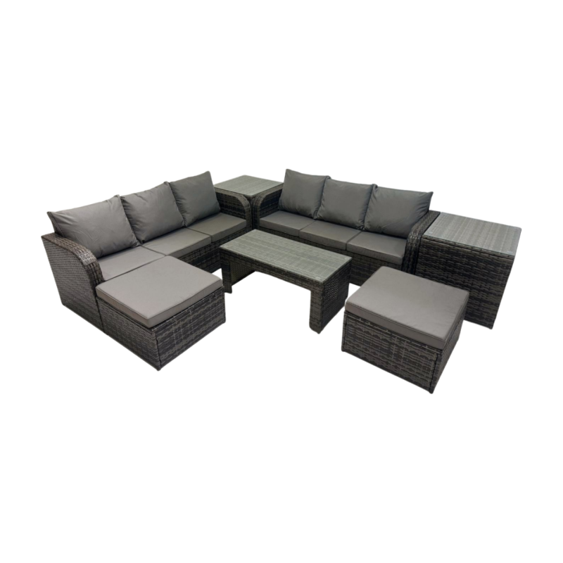 Fimous Rattan Garden Outdoor Furniture Set 3 Seater Sofa Coffee Table with 2 Big Footstools 2 Side Tables Dark Grey Mixed