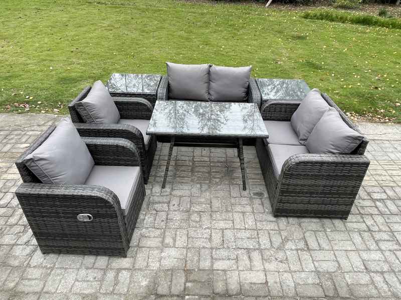 Fimous Wicker PE Rattan Garden Dining Set Outdoor Furniture Sofa with Rectangular Dining Table 2 Side Tables Dark Grey Mixed
