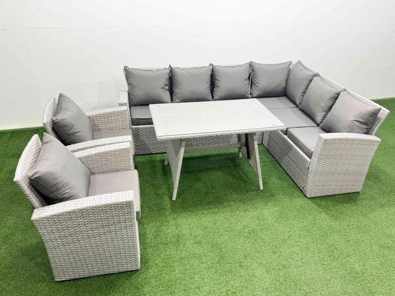 Fimous 8 Seater Garden Outdoor Rattan Furniture Set Rattan Corner Sofa Oblong Dining Table with 2 Armchairs Light Grey Mixed