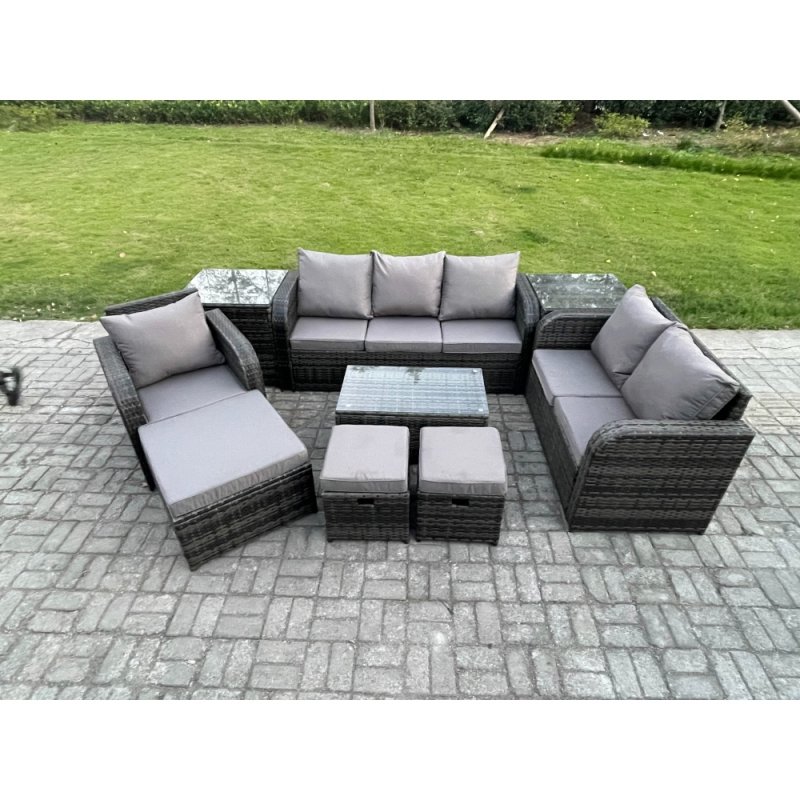 Fimous Outdoor Garden Furniture Sets 9 Pieces Wicker Rattan Furniture Sofa Sets with Rectangular Coffee Table Loveseat Sofa 3 Footstools 2 Side Tables
