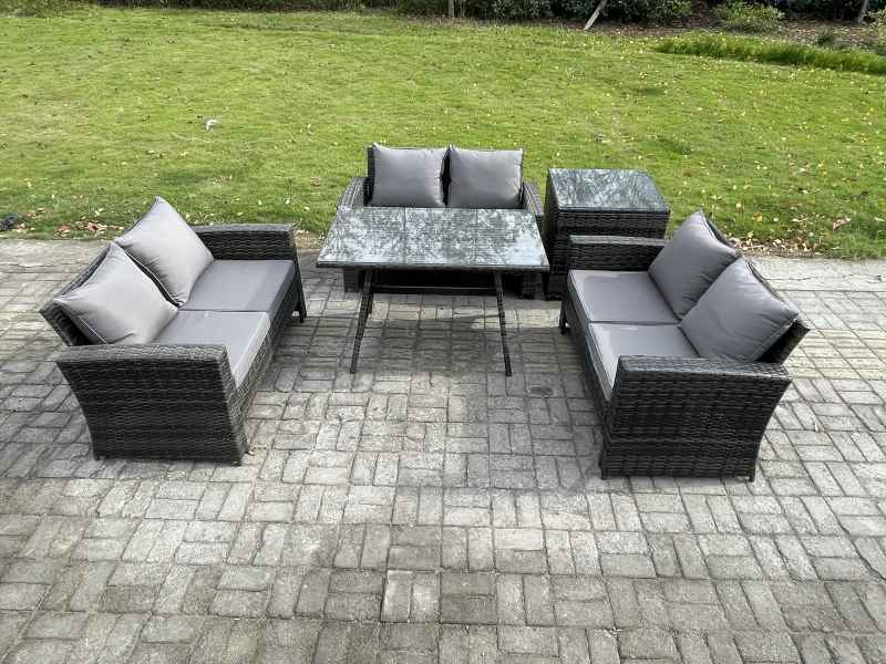 Fimous 6 Seater Rattan Wicker Garden Furniture Patio Conservatory Sofa Set with Rectangular Dining Table Love Seat Sofa Side Table