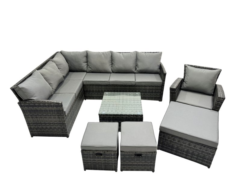 Fimous 10 Seat Poly Rattan Outdoor Patio Coffee Table Corner Sofa Set with 3 Stool Chair for Garden Backyard Dark Grey Mixed