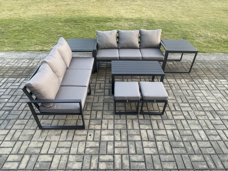 Fimous Aluminium Patio Outdoor Garden Furniture Lounge Sofa Set with Oblong Coffee Table 2 Small Footstools 2 Side Tables Dark Grey