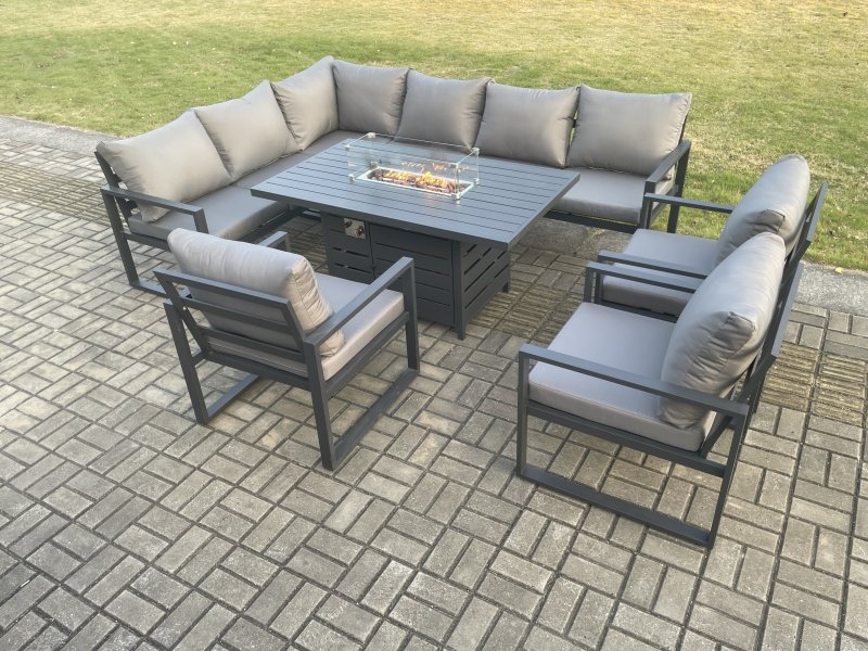 Fimous Aluminium Outdoor Garden Furniture Corner Sofa Gas Fire Pit Dining Table Sets Gas Heater Burner with 3 Chairs Dark Grey 9 Seater