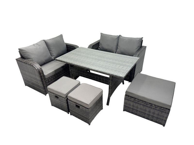 Fimous Wicker PE Rattan Garden Outdoor Furniture Set Love Sofa Dining Table Sets with 3 Stools Dark Grey Mixed
