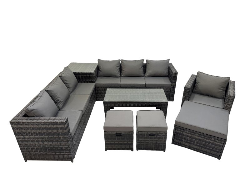 Fimous Garden Rattan Outdoor Furniture Set 10 Seater Patio Corner Sofa Oblong Coffee Table with 3 Stool Side Table Dark Grey