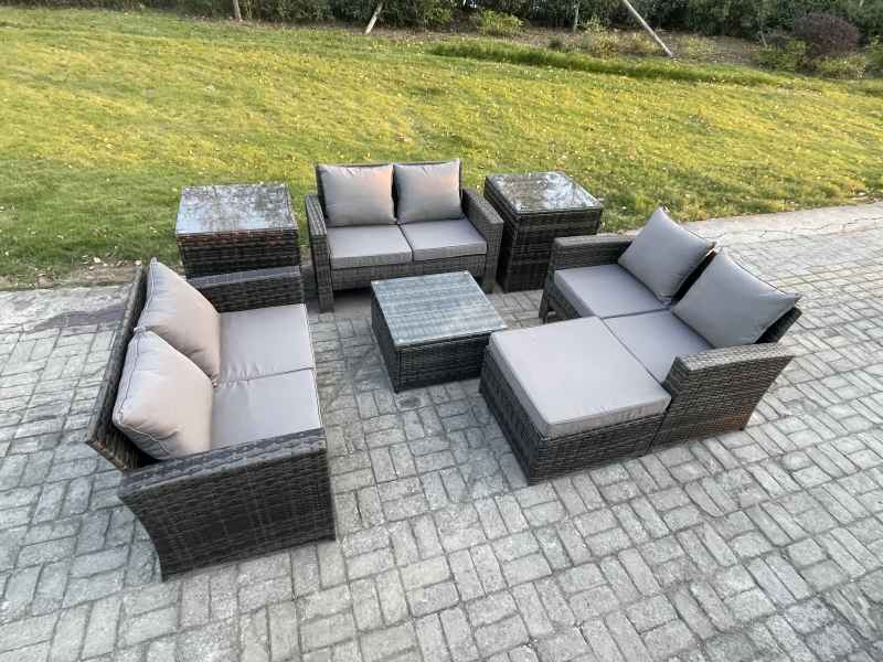 Fimous 7 PCS Outdoor Lounge Sofa Set Wicker PE Rattan Garden Furniture Set with Square Coffee Table Double Seat Sofa 2 Side Tables Big Footstool Dark Grey Mixed