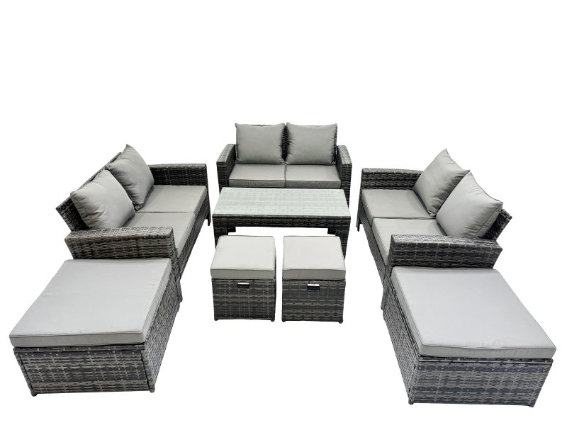 Fimous Outdoor Love Sofa Set 10 Seat Rattan Garden Furniture Set with Oblong Coffee Table 4 Stools Dark Grey Mixed
