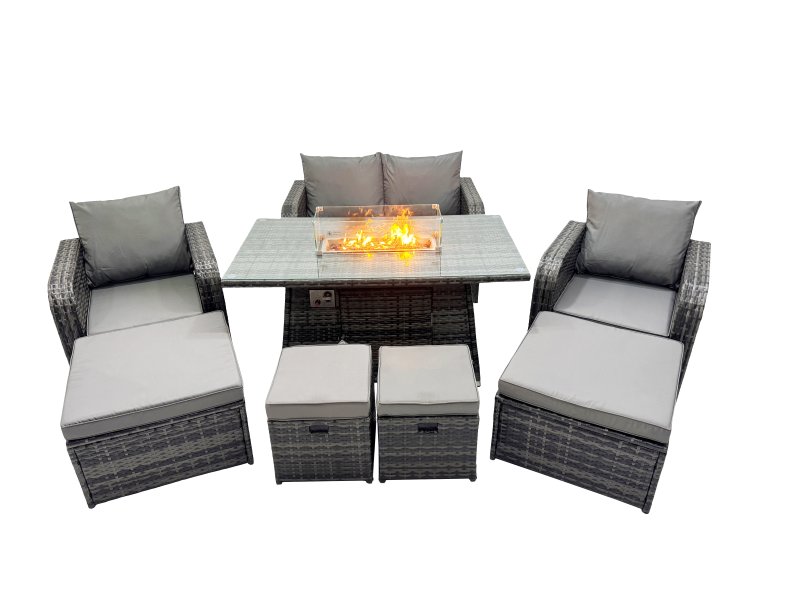 Fimous 8-seater Patio Gas Firpit Dining Table Sofa Sets Rattan Garden Furniture Dining Set with 4 Stools Dark Grey Mixed