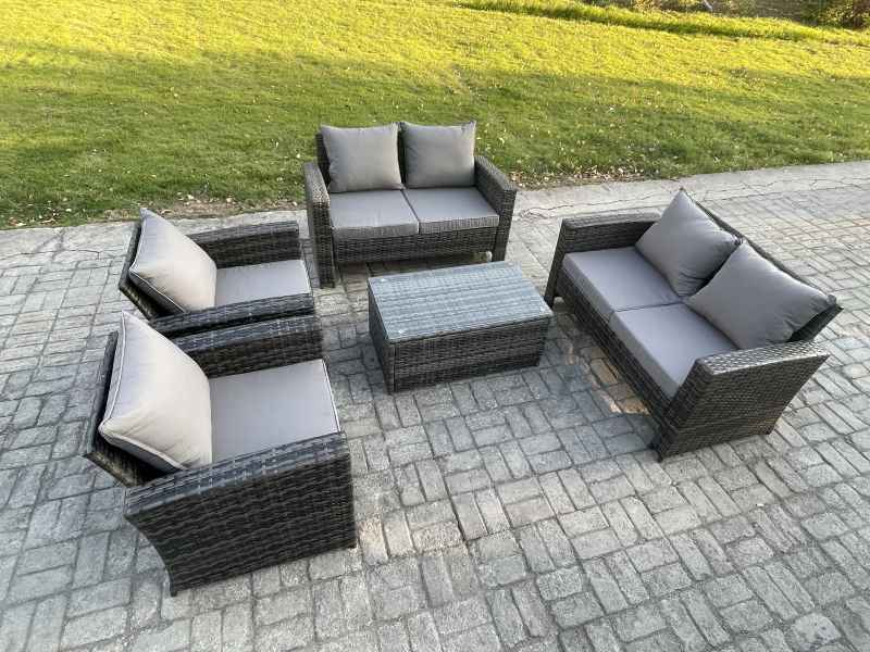 Fimous Garden Furniture Sets 5 Pieces Outdoor Rattan Furniture Manual Wicker Patio Sofa Chair Set with Coffee Table Dark Grey Mixed