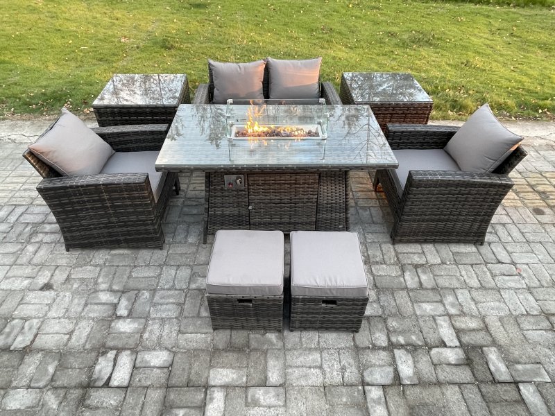 Fimous Outdoor Garden Dining Sets 6 Seater Rattan Patio Furniture Sofa Set with Gas Firepit Table 2 Small Footstools 2 Side Tables Dark Grey Mixed
