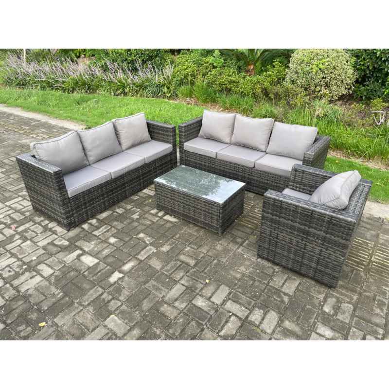 Fimous 7 Seater Rattan Garden Furniture Set Indoor Outdoor Patio Sofa Set with Oblong Coffee Table Armchair Dark Grey Mixed