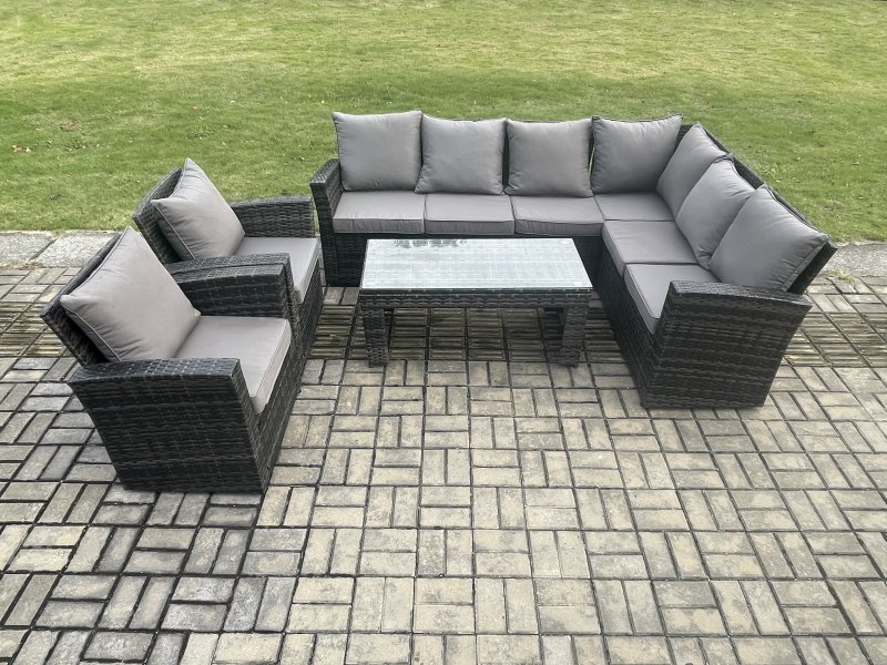 Fimous 8 Seat Rattan Garden Furniture Corner Sofa Set Outdoor Patio Sofa Chair Table Set with Cushions Dark Grey Mixed