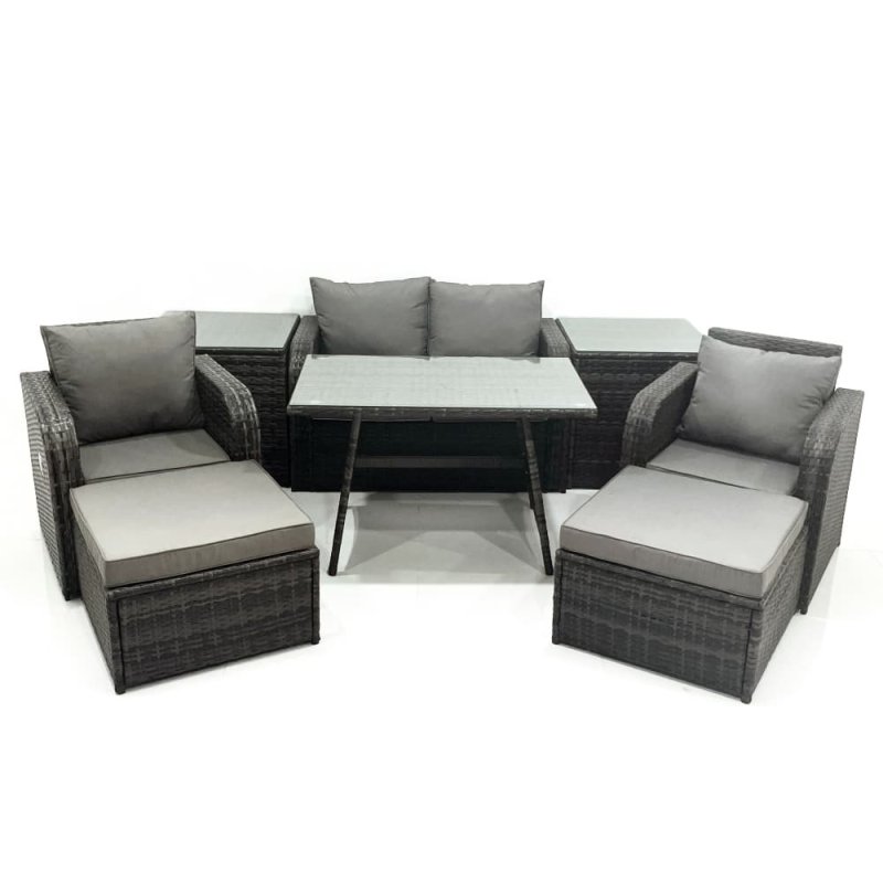 Fimous Outdoor Garden Furniture Set Rattan Sofa Dining Table Set with Reclining Chair 2 Big Footstool 2 Side Tables Dark Grey Mixed