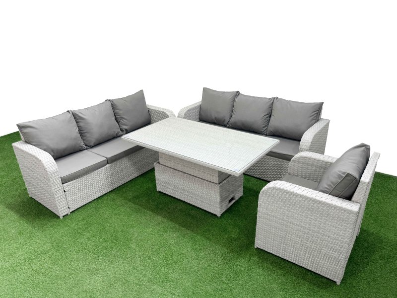 Fimous 7 Seater Poly Rattan Outdoor Garden Furniture Adjustable Lifting Dining or Coffee Table Sofa Set Patio 3 Seater Sofa Reclining Chair 3 Seater Sofa Light Grey