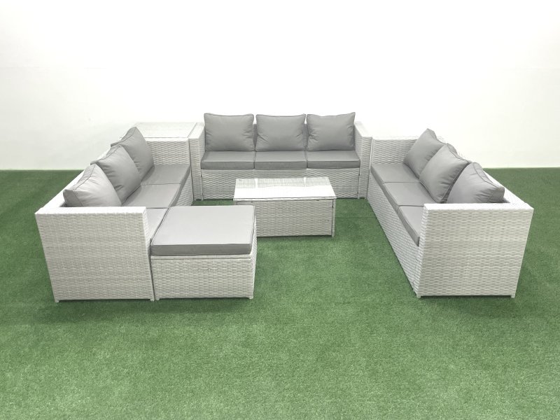 Fimous Rattan Garden Outdoor Furniture Set 10 Seater Garden Sofa Coffee Table Set with Big Footstool Side Table Light Grey Mixed