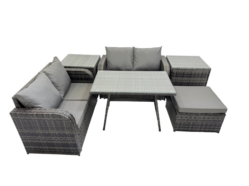 Fimous 5 Seater Garden Outdoor Rattan Furniture Set Rattan Sofa Oblong Dining Table with 2 Side Table Dark Grey