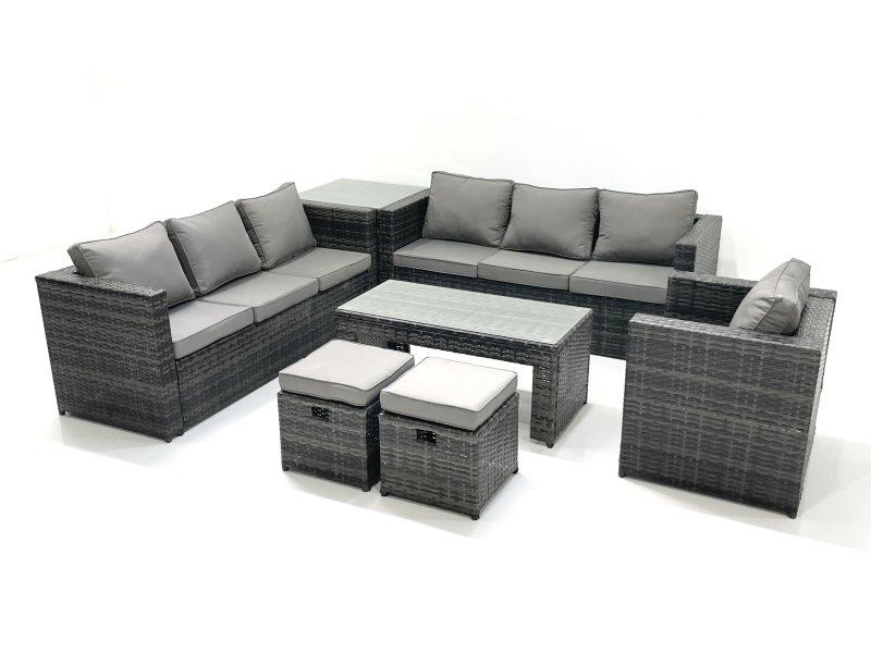 Fimous Rattan Garden Furniture Set Outdoor 9 Seater Patio Conversation Sets with Glass Top Coffee Table Stool Side Table