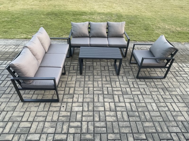 Fimous Aluminium 7 Seater Garden Furniture Outdoor Patio Sofa Set with Rectangular Coffee Table Armchair Dark Grey