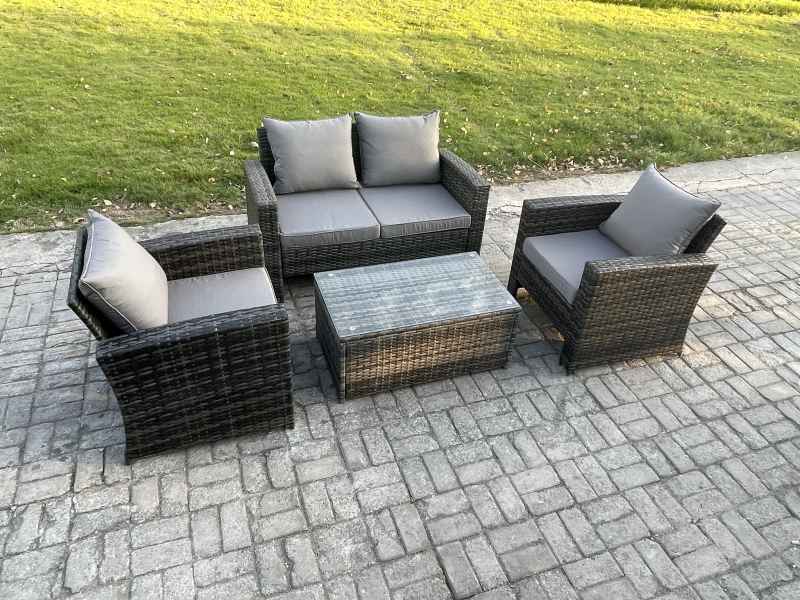 Fimous Outdoor Lounge Sofa Set Wicker PE Rattan Garden Furniture Set with Rectangular Coffee Table Double Seat Sofa Dark Grey Mixed