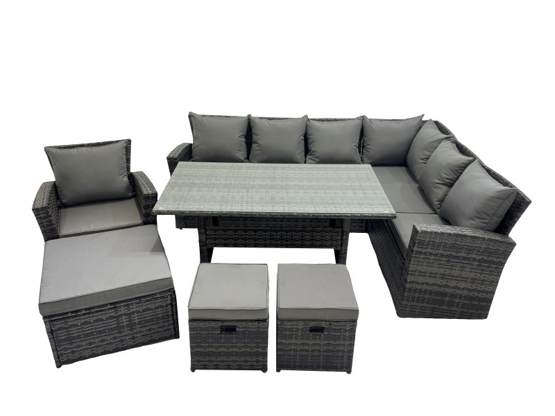 Fimous Rattan Garden Furniture Set Outdoor 10 Seater Patio Dining Corner Sofa Sets with Dining Table Chair Dark Grey Mixed