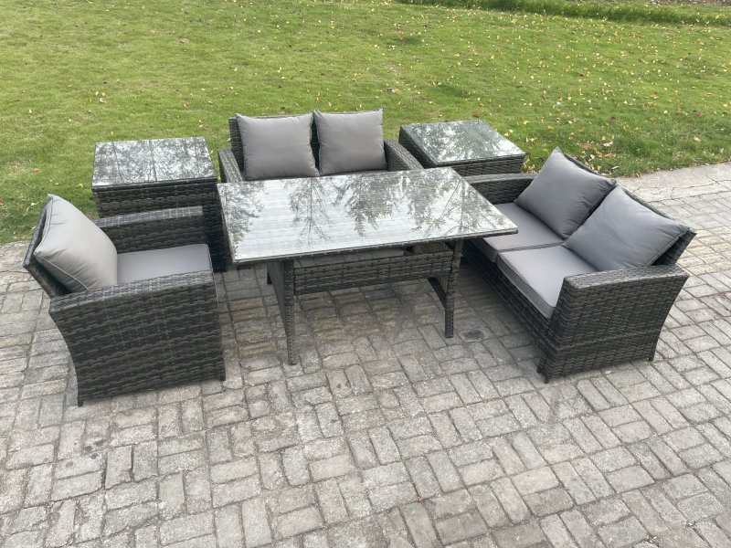 Fimous Wicker Rattan Garden Dining Set Outdoor Furniture Sofa with Dining Table Double Seat Sofa 2 Side Tables Dark Grey Mixed