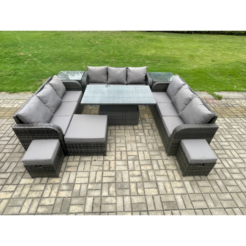 Fimous 12 Seater Garden Dining Sets Outdoor Rattan Furniture Lounge Sofa Height Adjustable Rising lifting Table With 2 Side Tables 3 Footstools Dark Grey Mixed