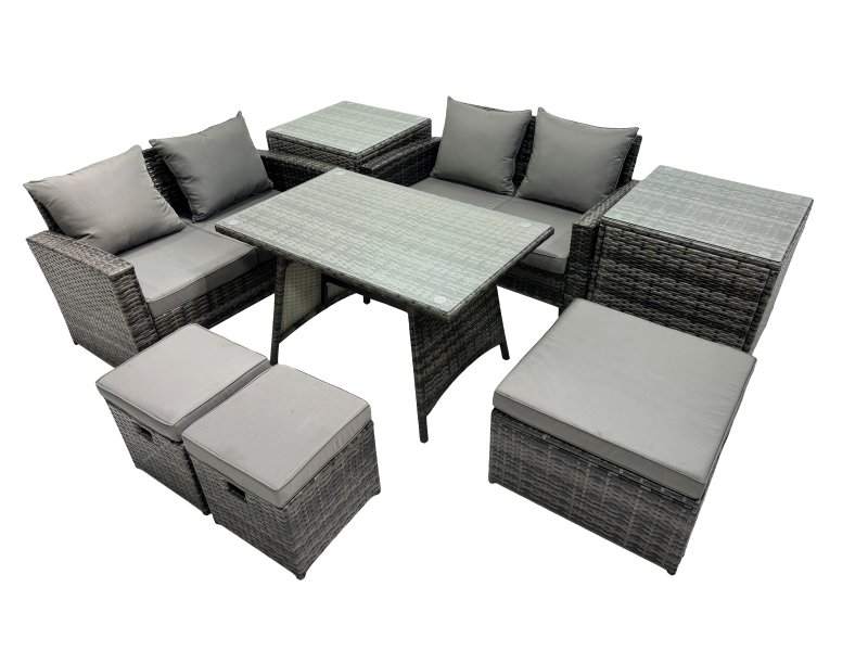 Fimous 7 Seater Wicker PE Rattan Furniture Outdoor Dining Table Double Seat Sofa 3 Stools 2 Side Table Set Dark Grey Mixed