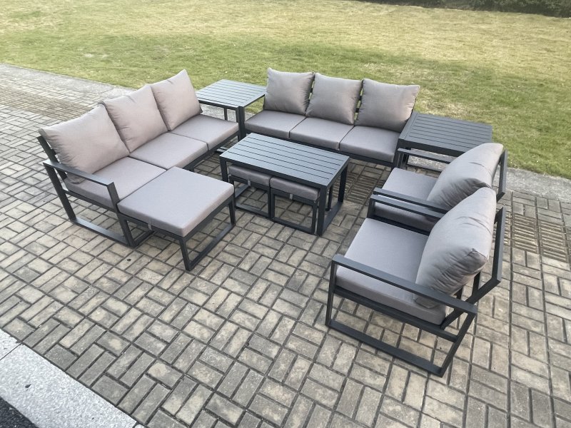 Fimous Aluminium Outdoor Garden Furniture Lounge Sofa 2 PC Chairs Oblong Coffee Table Sets with 2 Side Tables 3 Footstools Dark Grey