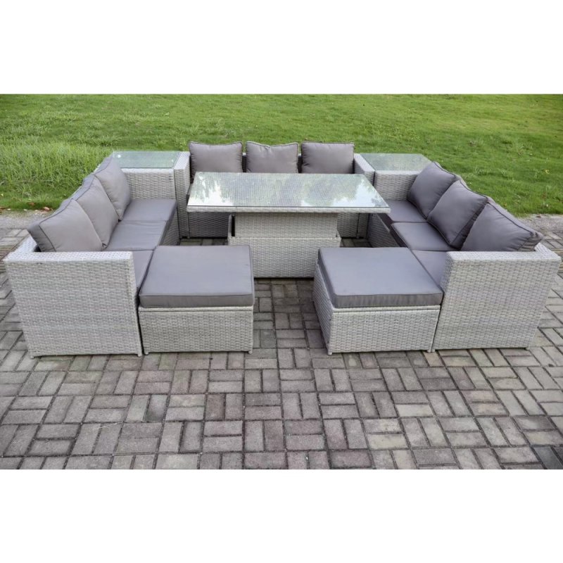 Fimous 11 Seater PE Rattan Garden Funiture Set Outdoor Height Adjustable Rising Lifting Table Sofa Dining Set with 2 Side Tables 2 Big Footstools