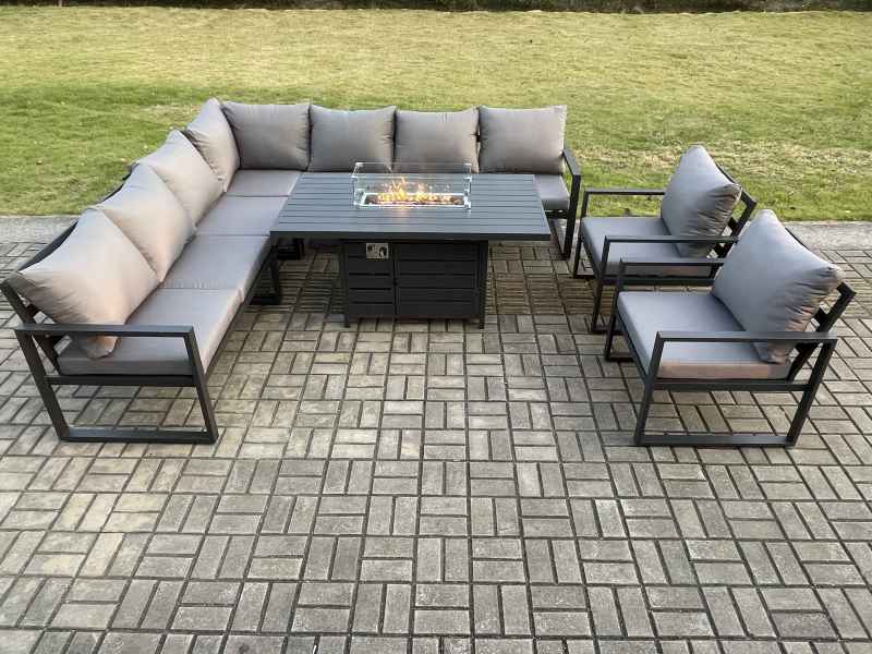 Fimous Aluminium 8 Pieces Garden Furniture Corner Sofa Set with Cushions Gas Fire Pit Dining Table Set Gas Heater Burner with 2 Chairs Dark Grey