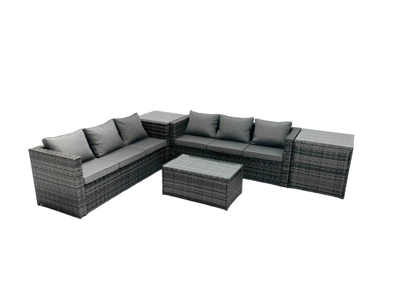 Fimous Rattan Garden Furniture Dining Set 6-seater Patio Coffee Table Sofa Set with 2 Side Tables Dark Grey Mixed
