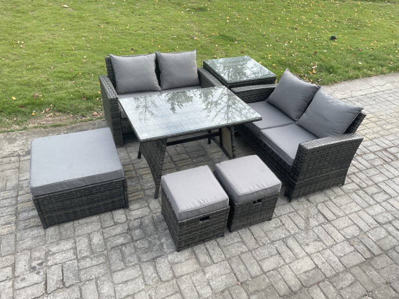 Fimous 7 Seater Garden Dining Set Wicker PE Rattan Outdoor Furniture Sofa with Rectangular Dining Table Double Seat Sofa 3 Footstools Side Table Dark Grey Mixed