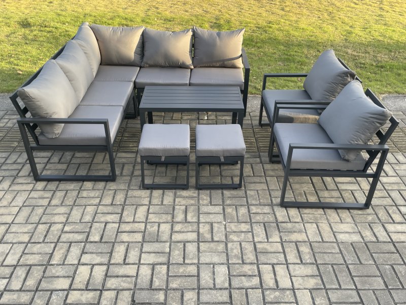 Fimous 9 Seater Aluminium Outdoor Garden Furniture Set Patio Lounge Sofa with Oblong Coffee Table 2 Small Footstools Dark Grey
