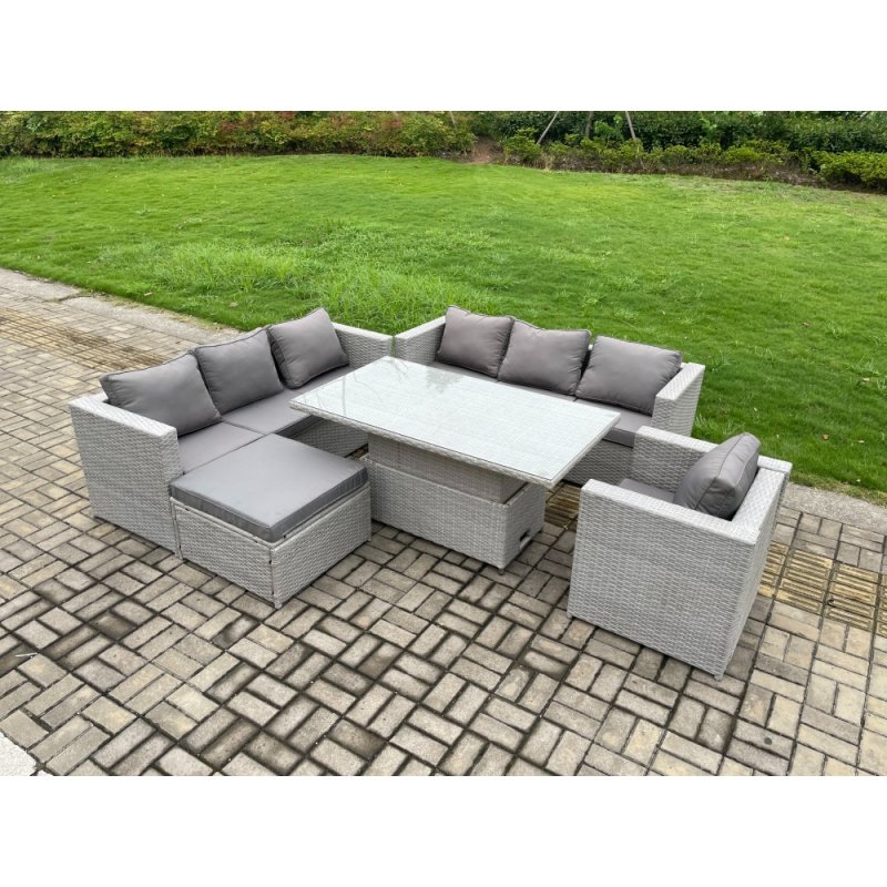 Fimous Outdoor PE Rattan Garden Funiture Set Height Adjustable Rising Lifting Table Sofa Dining Set with Armchair Big Footstool
