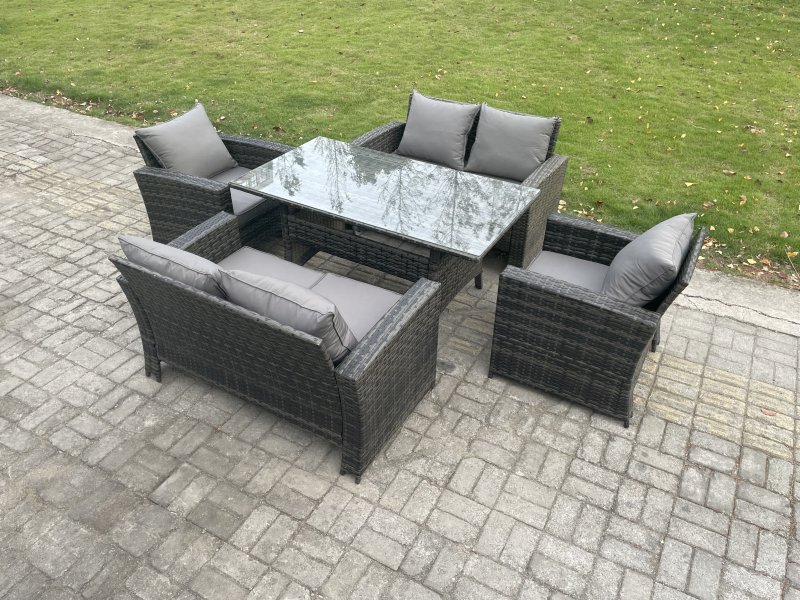 Fimous Rattan Garden Furniture Set 6 Seater Patio Outdoor Lounge Sofa Set with Oblong Dining Table Double Seat Sofa Dark Grey Mixed