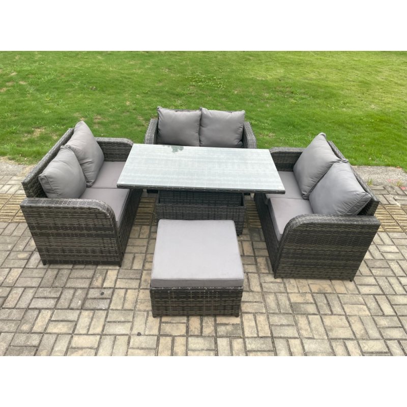 Fimous Rattan Garden Outdoor Furniture 3 PC Love Sofa Set Patio Adjustable Rising lifting Dining Table With Big Footstool