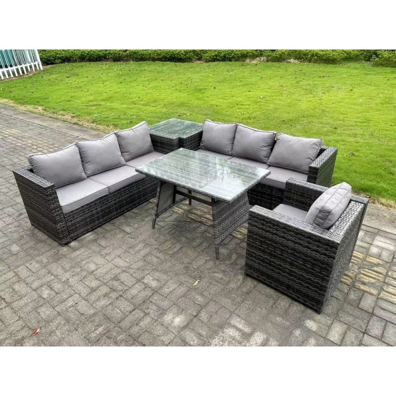 Fimous 7 Seater Wicker PE Rattan Garden Dining Set Outdoor Furniture Sofa with Patio Dining Table Side Table Armchair Dark Grey Mixed
