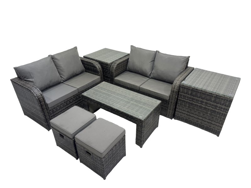 Fimous 3 Seater Sofa Reclining Chair Coffee Table Set Rattan Garden Outdoor Furniture Set with 2 Side Tables 2 Small Stools Dark Grey Mixed