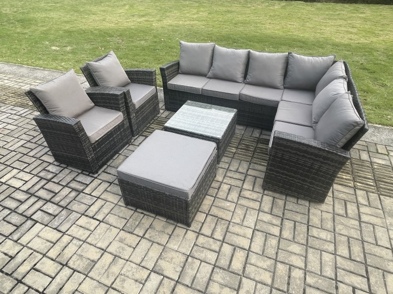 Fimous 9 Seat Rattan Garden Furniture Corner Sofa Set Outdoor Patio Sofa Table Set with Big Footstool 2 Armchairs Dark Grey Mixed