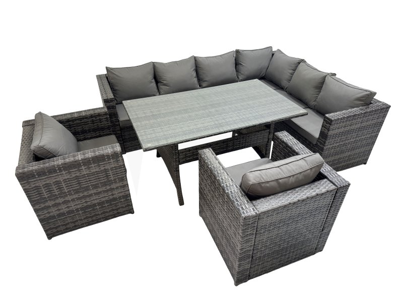 Fimous Rattan Garden Furniture Set Outdoor 8 Seater Patio Dining Corner Sofa Sets with Dining Table 2 Chairs Dark Grey Mixed
