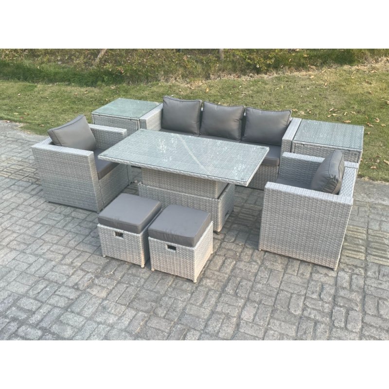 Fimous Rattan Garden Funiture Set Adjustable Rising Lifting Table Sofa Dining Set With 2 Arm Chair 2 Side Table Stools