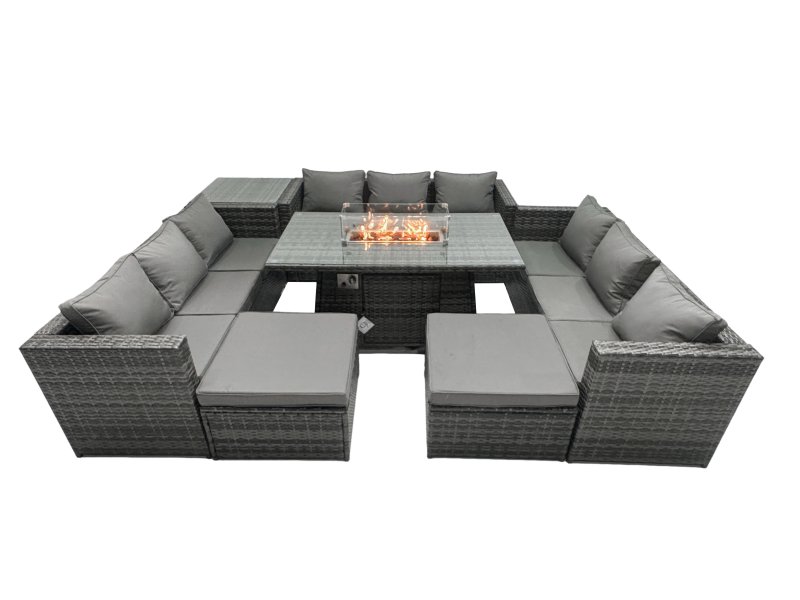 Fimous Rattan Garden Furniture Firepit Set Outdoor 11 Seater Patio Dining Sets with Glass Top Dining Table Side Tables