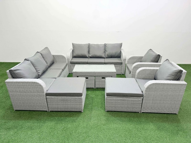 Fimous PE Wicker Rattan Furniture Sofa Sets with Oblong Coffee Table 3 Seater Sofa 4 Stools Light Grey