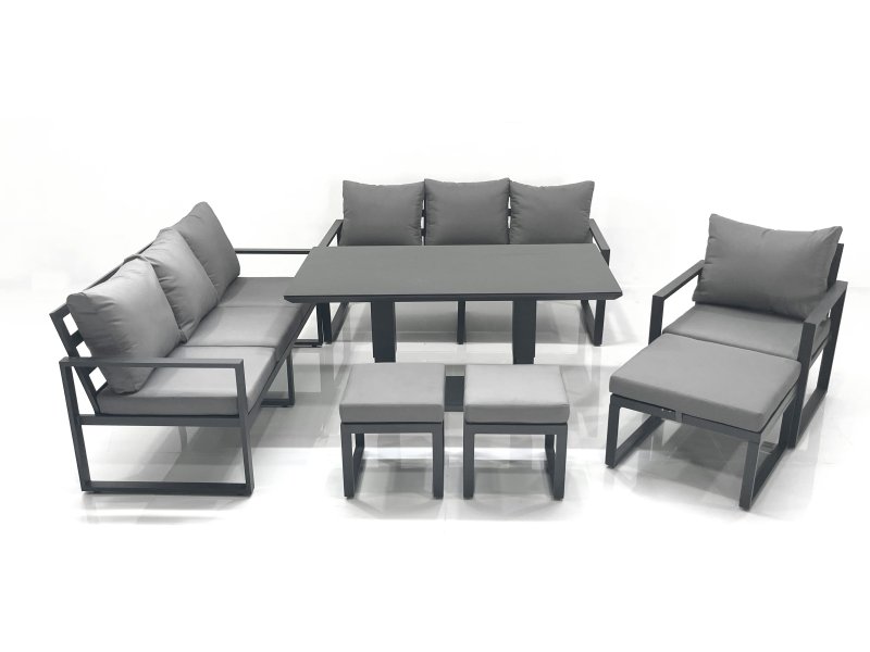 Fimous Outdoor Garden Furniture Set Aluminium Lounge Sofa Adjustable Rising Lifting Dining Table Sets with 3 Footstools Dark Grey