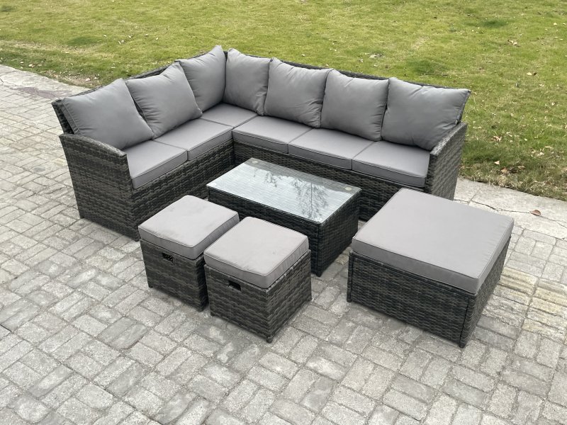 Fimous 9 Seater Rattan Lounge Corner Sofa Set Wicker PE Outdoor Garden Furniture Set with Coffee Table 3 Footstools Dark Grey Mixed