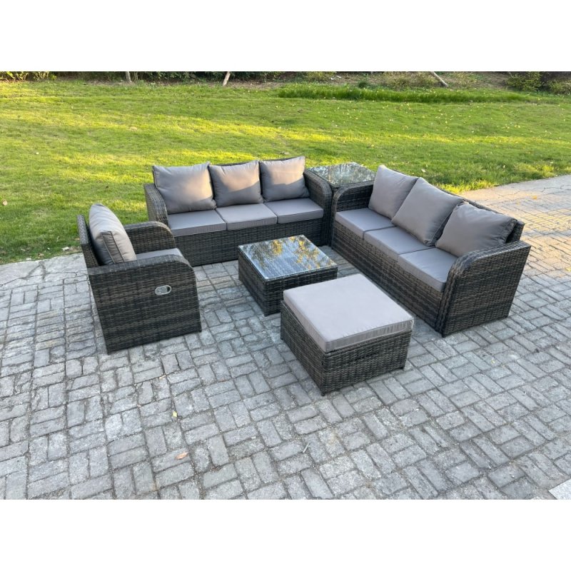 Fimous Outdoor Rattan Garden Furniture Set Conservatory Patio Sofa Coffee Table With Reclining Chair Big Footstool Side Table Dark Grey Mixed