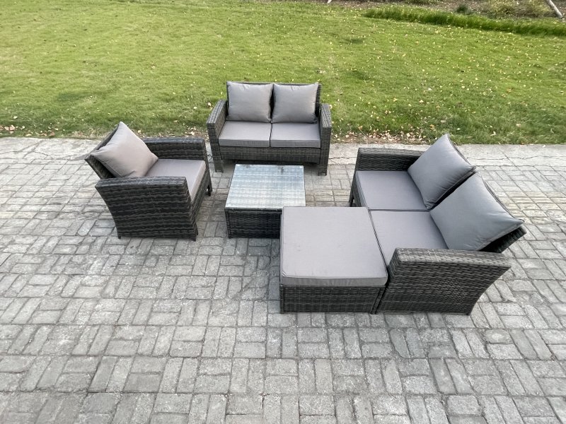 Fimous Outdoor Rattan Garden Furniture Set Conservatory Patio Sofa Coffee Table Set with Chair Big Footstool Dark Grey Mixed