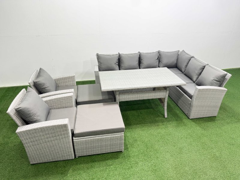 Fimous Rattan Garden Furniture Set Outdoor 10 Seater Patio Dining Corner Sofa Sets with Dining Table Chair Big Footstools Light Grey Mixed
