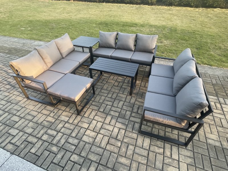 Fimous Aluminium 10 Seater Outdoor Garden Furniture Set Lounge Sofa Oblong Coffee Table Big Footstool Side Table Sets with Cushions Dark Grey
